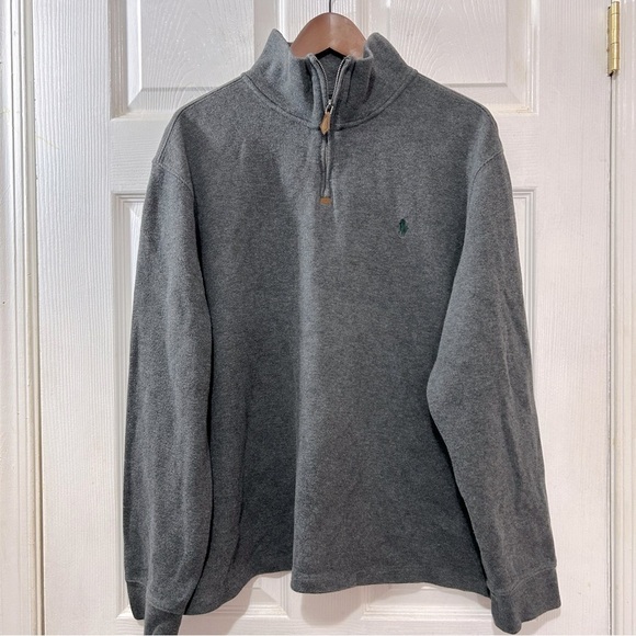 POLO Ralph Lauren Quarter Zip Sweater Men's Gray Green Pony Leather Pull Sz XL - Picture 1 of 7